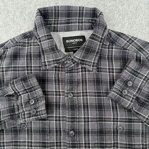 Bonobos Men's‎ Flannel Shirt Large Gray Plaid Long Sleeve Slim Fit Stretch Yoke